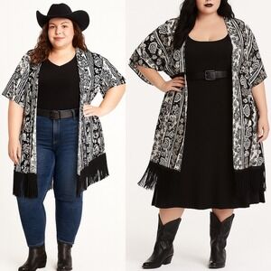 SIREN LILY Black/White Floral‎ Fringe Kimono Cover-Up Duster Size 2X Micro-Mesh